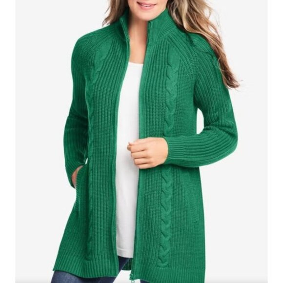 WOMAN WITHIN Emerald Green Zip Front Cable Cardigan Sweater Plus Size 2X 26W 28W - Picture 1 of 9